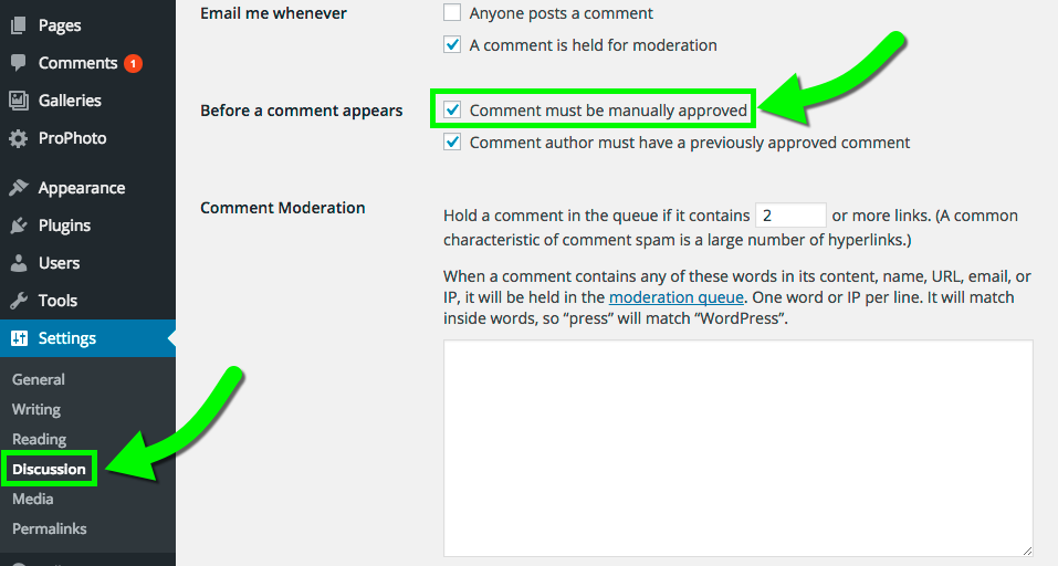 Turning on Comment Moderation in WordPress