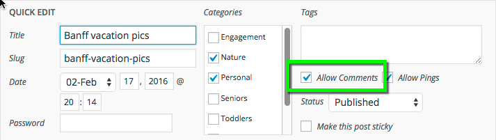 Toggle the "Allow comments" option to show/hide commenting fields for your posts and pages