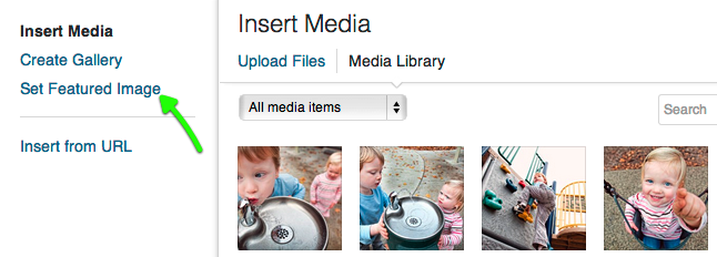When in the "Add Media" area already, there is a convenient link to set a featured image.