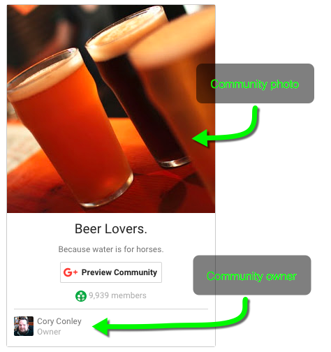 community badge with portrait layout, light theme, community photo, community owner and tagline